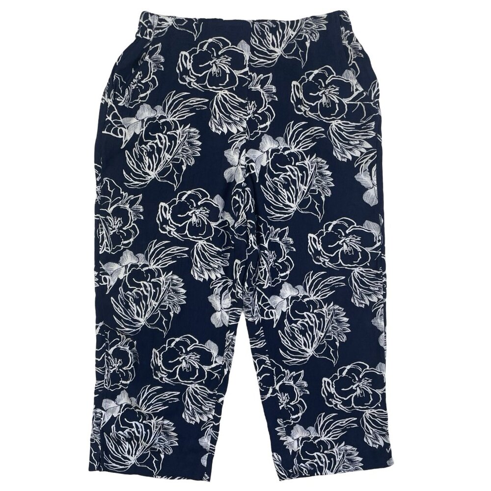 Chicos Pants Size 0.5 (Small/6) Cropped Floral Rayon Elastic Waist Navy Blue - Picture 1 of 5